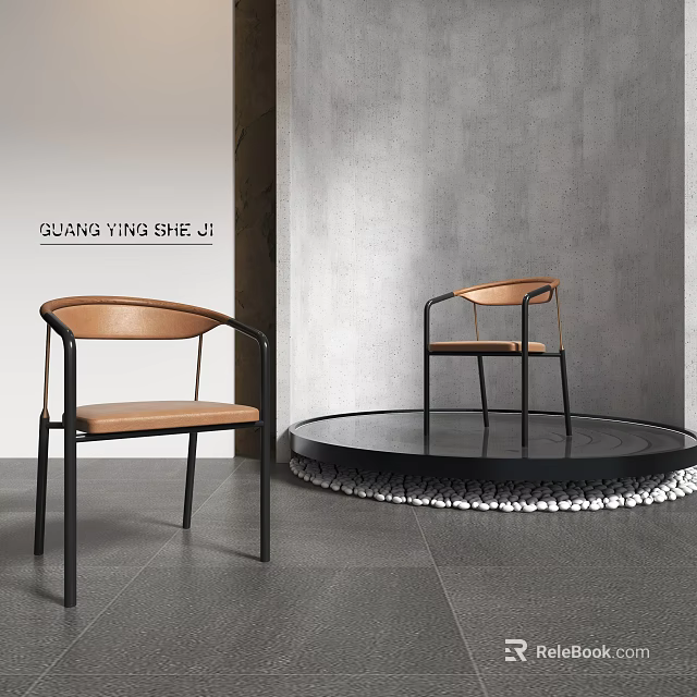 Leisure Chair With Curved Backrest Armrests Upholstered Seat Black Metal Legs Gray Wall Dark Floor 3d model 