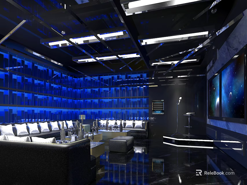 Modern KTV Lounge With Open Space Blue Lighting Sofas Large Screen And Lockers 3d model 