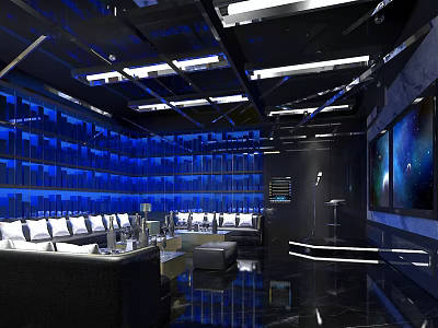 Modern KTV Lounge With Open Space Blue Lighting Sofas Large Screen And Lockers 3d model