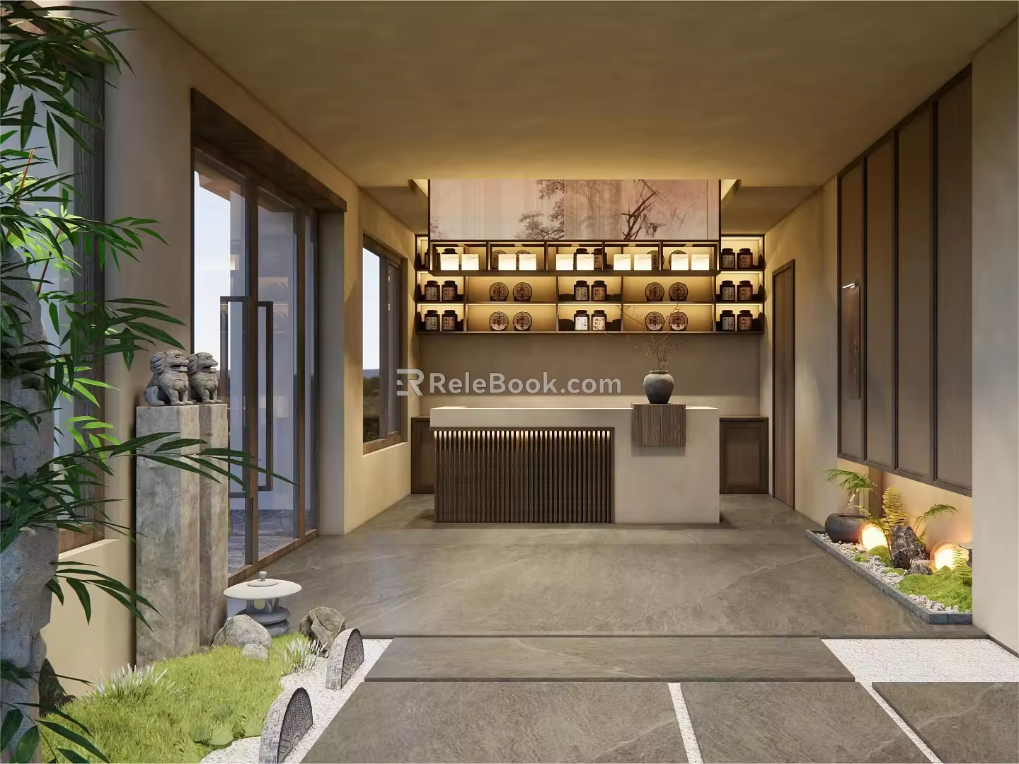 Wind Teahouse Bar New Chinese Style Reception Desk Front Typhoon Hall 3d model