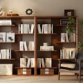 Elegant Wooden Bookshelf with Layered Shelves Books Decorations and Drawers beside Chair and Green Plant