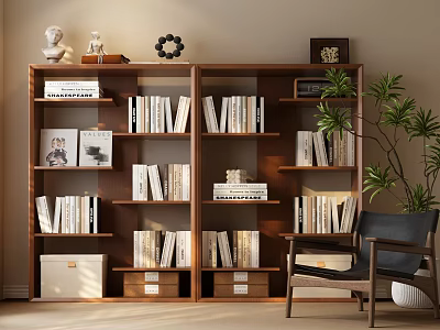 Elegant Wooden Bookshelf with Layered Shelves Books Decorations and Drawers beside Chair and Green Plant 3d model