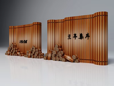 Bamboo Screen Decorations With Stacked Wooden Logs And Chinese Characters 3d model