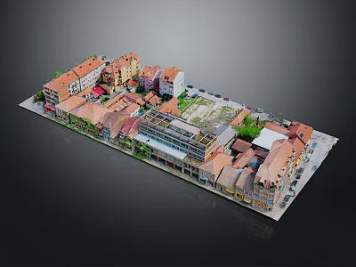 Cartoon Town Scene Featuring Colorful Buildings Red Roofs And Green Trees 3d model