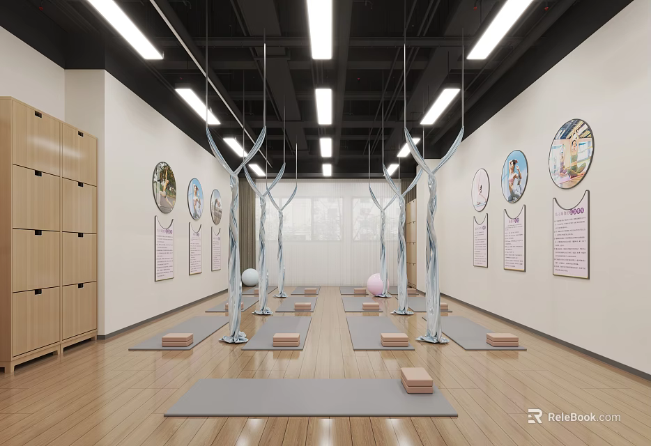 Bright Spacious Yoga Studio With Mats Blocks Balls And Cabinets 3d model 