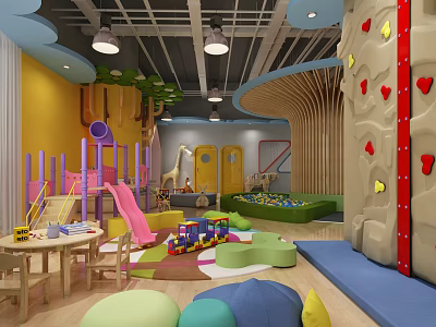 Modern Kindergarten Indoor Play Space With Slide Rock Climbing Wall Colorful Mats And Toys 3d model