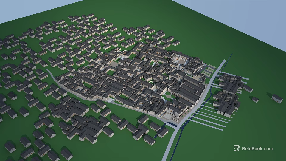Traditional Village Architecture Model Aerial View With Dense Buildings And Green Areas 3d model 