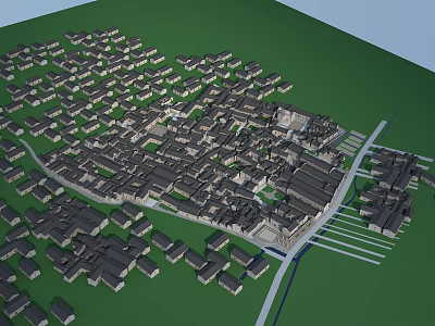 Traditional Village Architecture Model Aerial View With Dense Buildings And Green Areas 3d model