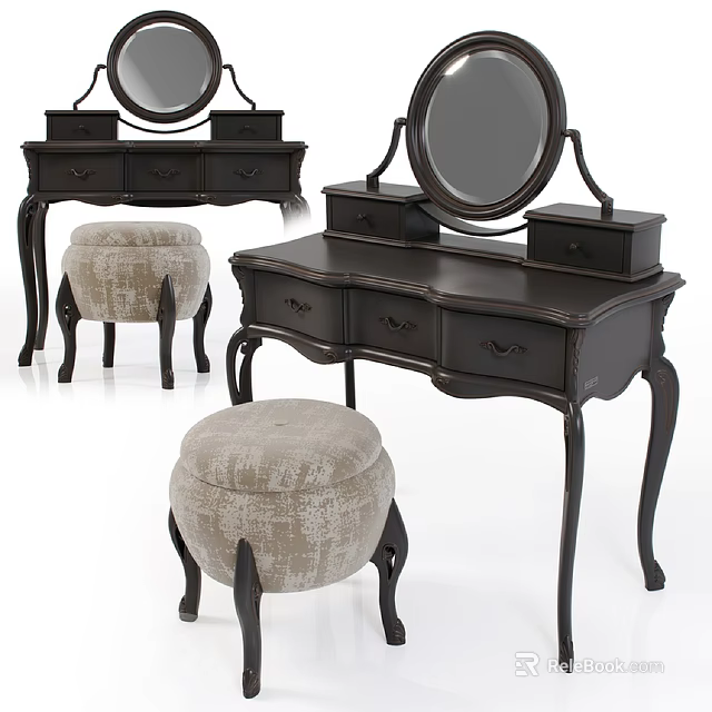 Classic Dark Wood Dressing Table With Round Mirror And Upholstered Stool 3d model 