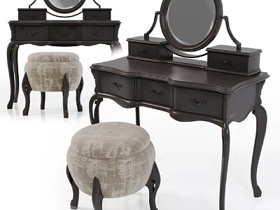 Classic Dark Wood Dressing Table With Round Mirror And Upholstered Stool 3d model