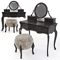 Classic Dark Wood Dressing Table With Round Mirror And Upholstered Stool 3d model