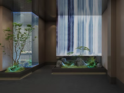 Modern Restaurant Interior With Waterfall Wall Green Plants Stones And Glass Partition 3d model