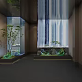 Modern Restaurant Interior With Waterfall Wall Green Plants Stones And Glass Partition