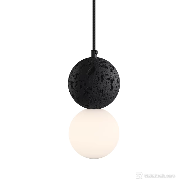 Modern Black Spherical Pendant Light With Volcanic Rock Texture And White Sphere 3d model 