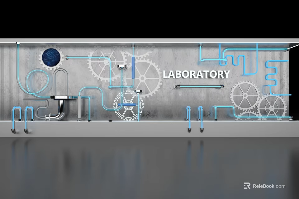 Laboratory Themed Art Installation with Gears Blue Lines and Circular Elements on Metallic Surface 3d model 