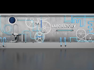 Laboratory Themed Art Installation with Gears Blue Lines and Circular Elements on Metallic Surface 3d model