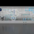 Laboratory Themed Art Installation with Gears Blue Lines and Circular Elements on Metallic Surface 3d model