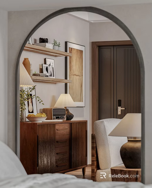 Arched Mirror Reflects Cozy Living Room With Wooden Cabinet And Decor 3d model 