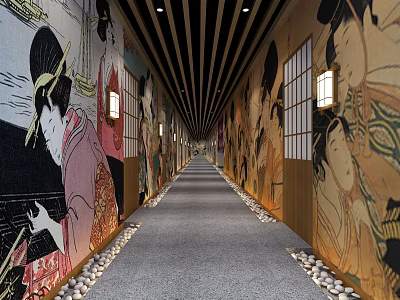 Traditional Themed Elevator Hallway With Mural Paintings Wooden Ceiling And Stone Pebble Floor 3d model