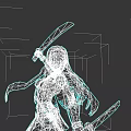 Woman In Black Outfit With Long Hair Holding Two Swords On Dark Background