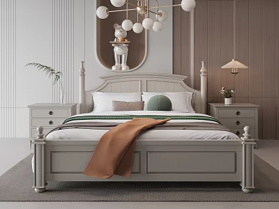 Light Gray Bedroom With Four Poster Bed Round Mirror Chandelier Orange Blanket Nightstands And Lamps 3d model