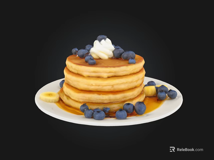 Stack of Fluffy Pancakes Topped with Fresh Blueberries Whipped Cream and Banana Slices 3d model 