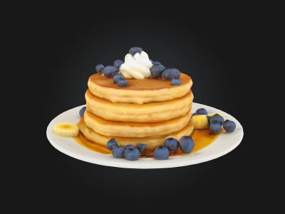 Stack of Fluffy Pancakes Topped with Fresh Blueberries Whipped Cream and Banana Slices 3d model