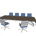 Modern Conference Table With Wooden Top And Blue Swivel Office Chairs