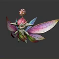 Cute Fantasy Fairy Creature With Pink Hair Flower On Head Colorful Wings Green Pink Body