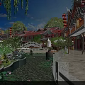 Traditional Chinese Commercial Street With Red Lanterns Small Bridge Lotus Pond And Willow Trees