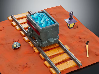 Mine Cart With Blue Ores On Railroad Tracks Near Lantern Hard Hat And Axe 3d model