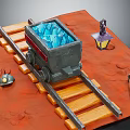 Mine Cart With Blue Ores On Railroad Tracks Near Lantern Hard Hat And Axe
