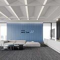 Modern Office Reception Desk With Blue Wall MAX Trust Sign And Sofa Area