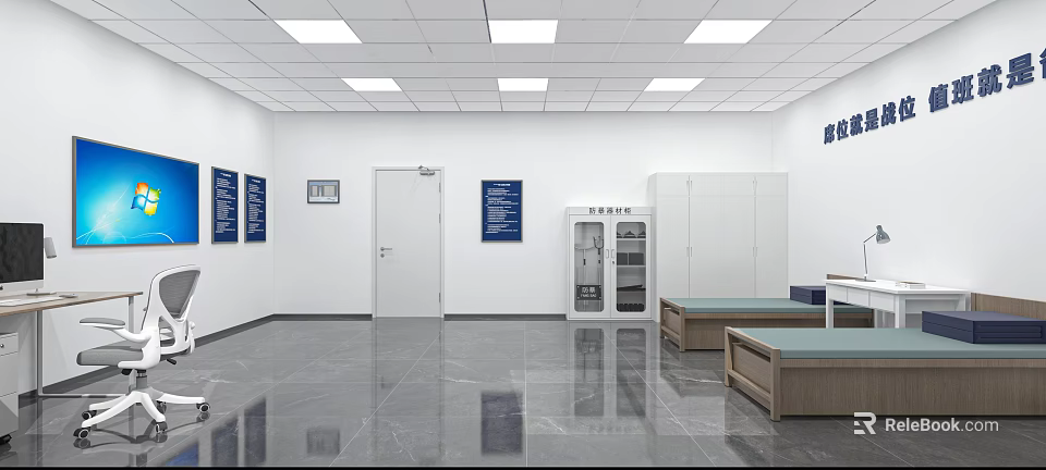 Interior With White Walls Square Ceiling Lights Gray Marble Floor Blue Signs And Cabinets 3d model 