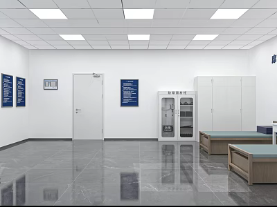Interior With White Walls Square Ceiling Lights Gray Marble Floor Blue Signs And Cabinets 3d model
