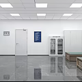 Interior With White Walls Square Ceiling Lights Gray Marble Floor Blue Signs And Cabinets