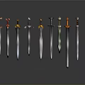 Various Colored And Designed Swords Arranged In A Row With Gray Gradient Background And Reflections