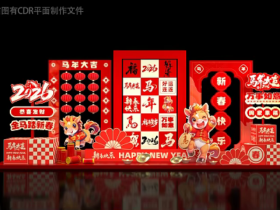 2026 Year of the Horse Art Installation with Red Decor Fortune and Cartoon Horse 3d model