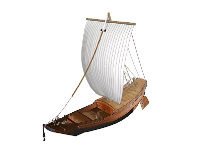 Wooden Boat with White Sail Mast Wooden Hull and Deck Details 3d model