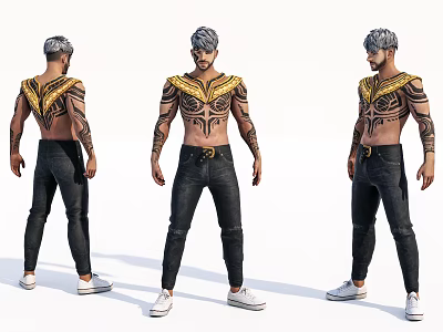 Game Movie Character Gray Hair Ornamental Chest Tattoos Black Pants White Shoes Three Angles View 3d model