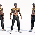 Game Movie Character Gray Hair Ornamental Chest Tattoos Black Pants White Shoes Three Angles View
