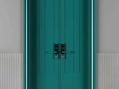 Teal Double Doors With Modern Sleek Frame And Lock System In Interior 3d model