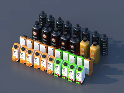 Display Shelves Showcasing Various Colored Bottles And Cartons In Neat Arrangement 3d model