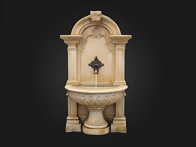 Classical Stone Washbasin With Ornate Carved Design Arched Top And Black Faucet 3d model