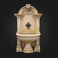 Classical Stone Washbasin With Ornate Carved Design Arched Top And Black Faucet