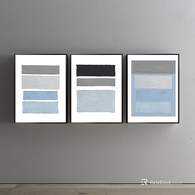 Abstract Paintings With Gray Blue Color Blocks In Black Frames Hanging On Wall 3d model