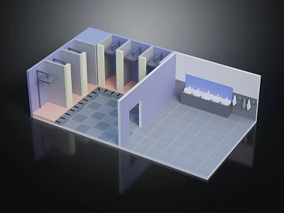 Public Restroom Interior Design With Stall Partitions Sink Counter And Tile Flooring 3d model