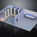 Public Restroom Interior Design With Stall Partitions Sink Counter And Tile Flooring