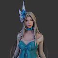 Game and Movie Character with Blue Long Dress Long Silver Hair Bow and Lace Details