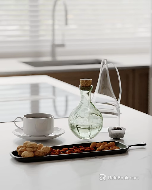 Modern Kitchen Countertop Decorative Ornaments Set With Glass Bottle Carafe Coffee Cup And Almonds 3d model 